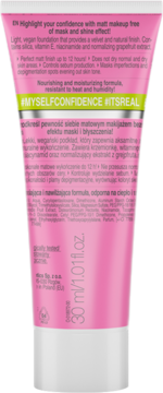 Tył różowej tuby matującego podkładu It's Real Matt 30ml, z zielonym paskiem i opisem.