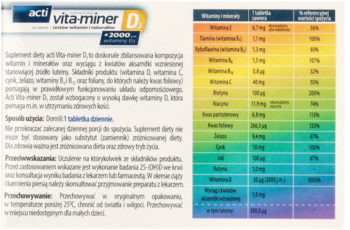 Opakowanie suplementu Acti Vita-Miner D3, widok strony z tabelą składników odżywczych i opisem produktu.