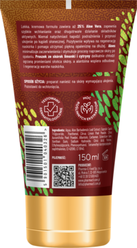 Tył tubki żelu po opalaniu Venus Golden Sun z 25% Aloe Vera, brązowo-zielone opakowanie z tekstem.