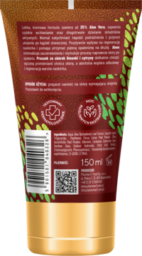 Tył brązowo-złotej tubki żelu po opalaniu Venus Golden Sun 150ml z 25% aloesu, widoczny kod kreskowy i skład.
