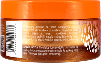 Tył rozświetlającego olejku po opalaniu Venus Golden Sun w pomarańczowo-złotym słoiczku z białym tekstem.