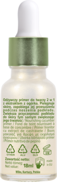 Tył butelki odżywczego primera ogórkowego z opisem, symbolami recyklingu i pojemnością 18ml. Biała, z zieloną nakrętką.