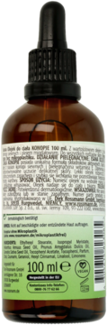 Tył szklanej butelki Isana olejek konopny 100 ml z dropperem, etykieta ze składem i logo Vegan.