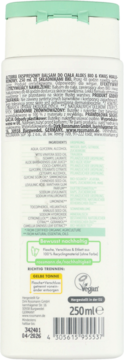 Balsam nawilżający Alterra Limonka bio & Agawa bio, tył białej butelki, lista składników, logo Vegan.