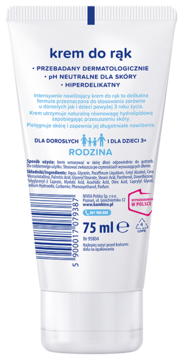 Tył białej tubki kremu do rąk Bambino 75 ml dla dorosłych i dzieci, z czytelnym tekstem i kodem kreskowym.