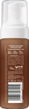 Tył brązowej butelki pianki samoopalającej 150ml z białymi napisami, kodem kreskowym i logo Vegan.