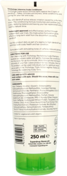 Tył białej butelki odżywki Trichology Intensive Scalp Conditioner 250ml. Widoczne składniki: kofeina, limonka, żeń-szeń.