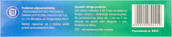 Tył opakowania leku przeciwbólowego i przeciwzapalnego na stawy i mięśnie. Tło błękitno-zielone, z kodem kreskowym.