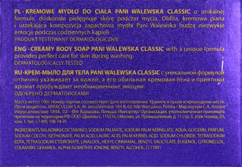 Tył fioletowego opakowania mydła do ciała Pani Walewska Classic z wielojęzycznym opisem i listą składników.