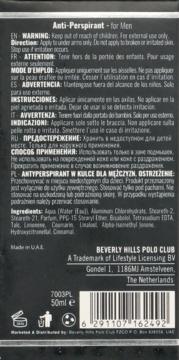 Tył czarnego opakowania antyperspirantu w kulce Beverly Hills Polo Club, widoczne ostrzeżenia i skład.