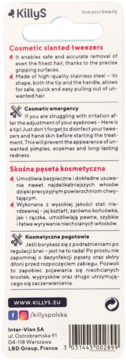 Tył szarego opakowania pęsety KillyS, zawierający opisy produktu w j. angielskim i polskim oraz dane producenta.