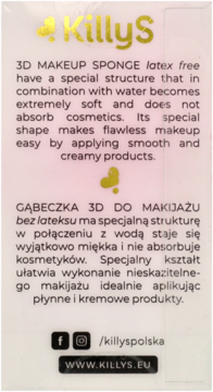 Tył różowo-białego opakowania Killys 3D Makeup Sponge bez lateksu, widoczne cechy i sposób użycia.