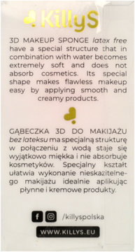 Tył opakowania bezlateksowej gąbeczki do makijażu Killys 3D, z opisem produktu i złotym logo.