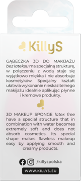 Tył opakowania gąbeczki KillyS 3D latex free. Białe tło, opis w j. polskim i angielskim, logo KillyS.