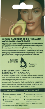 Widok opakowania miękkiej gąbeczki 3D do makijażu wzbogaconej awokado, z wizerunkiem kobiety.