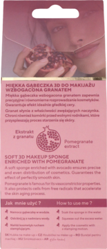 Tył różowego opakowania gąbeczki 3D do makijażu z granatem. Widok kobiety, owocu granatu i instrukcji użycia.