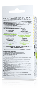 Białe opakowanie pudrowej henny do brwi Delia Cosmetics, widok z przodu z zielonymi akcentami.