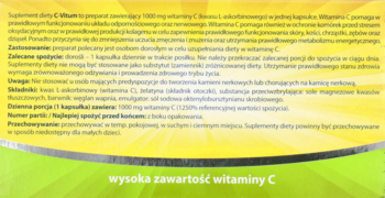 Tył opakowania suplementu C-Vitum. Biała etykieta z polskim opisem działania i składu na żółto-zielonym tle.