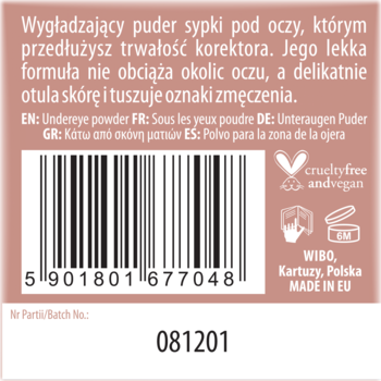 Tył różowej etykiety sypkiego pudru pod oczy z opisem, kodem kreskowym i ikoną cruelty-free.