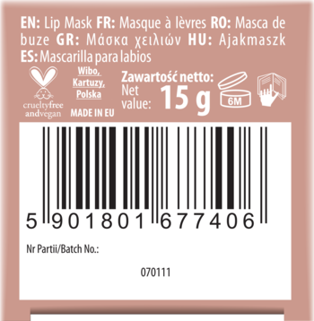 Tył opakowania NAM Reviving Lip Mask 15g, beżowe tło z kodem kreskowym, wagą i certyfikatem wegańskim.