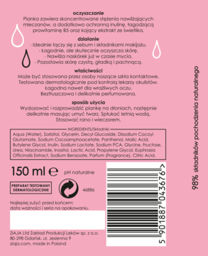 Tył różowej butelki Ziaja Pianka oczyszczająca 150ml, z listą składników, kodem i informacją 98% naturalnych.