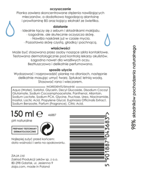 Tył białego opakowania naturalnej pianki Ziaja do mycia twarzy z mleczanami, widoczny kod kreskowy.