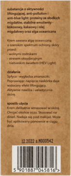 Brązowy tył opakowania kremu liftingującego z algą oceaniczną, widoczny polski opis i kod kreskowy.