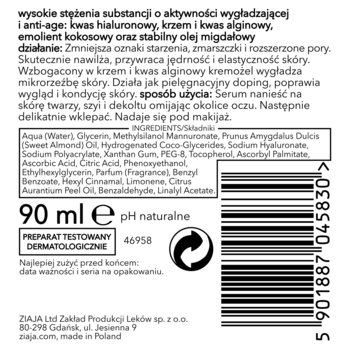 Tył białego serum Ziaja 90 ml z kwasem hialuronowym, widoczne składniki, sposób użycia i kod kreskowy.