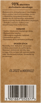 Tył brązowego opakowania serum w shotcie z polskim opisem działania, składników naturalnych i kodem 5901887050377.