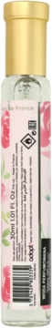 Tylna strona perfum Adopt' Rose Charmeuse 30ml, przezroczysta butelka z różowo-kwiatowym wzorem i złotą nakrętką.
