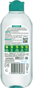 Tył butelki Garnier Płyn Micelarny 400ml z kwasem hialuronowym, widoczne etykiety, barcode.