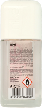 Tył dezodorantu Nike Ultra Pink w przezroczystej butelce z białą zakrętką, etykiety z opisem, kodem i symbolem łatwopalności.