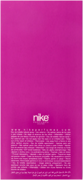 Tył opakowania wody toaletowej Nike Ultra Purple. Magenta pudełko z białym logo Nike Perfumes i ostrzeżeniami.
