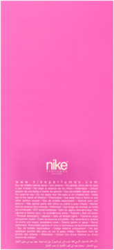 Różowe opakowanie wody toaletowej Nike Ultra Pink, widok z tyłu z tekstem informacyjnym i logo Nike Perfumes.
