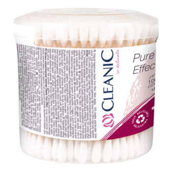 Patyczki Cleanic Pure Effect z bawełnianą główką, w białym pojemniku, widok z przodu z etykietą.