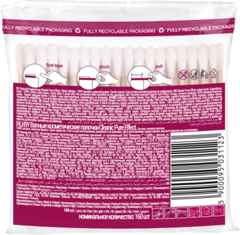 Tył opakowania patyczków higienicznych Cleanic Pure Effect z instrukcjami użycia i kodem kreskowym.