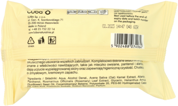 Tył żółtego opakowania pielęgnujących chusteczek antybakteryjnych LIDL, z widocznymi składnikami i opisem.