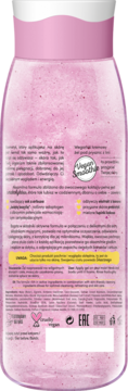 Tył różowej butelki wegańskiego żelu pod prysznic Vegan Smoothie z drobinkami. Białe wieczko, widoczny polski opis.