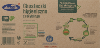 Tył brązowego opakowania chusteczek higienicznych Alouette, 100 szt., 100% z recyklingu. Zielony tekst i diagram.