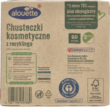 Alouette chusteczki kosmetyczne z recyklingu, 60 sztuk, 3-warstwowe, w brązowym kartonie. Widok przód.