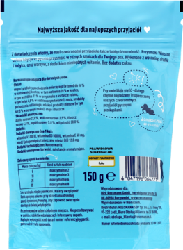 Tył jasnoniebieskiej torebki przekąsek Winston dla psa, widoczne składniki, dawkowanie i masa 150 g.