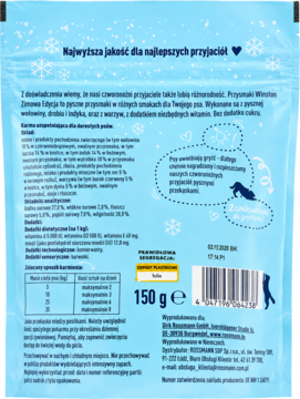 Tył opakowania przysmaków dla psów Winston Zimowa Edycja 150g. Widoczne informacje o składzie i kod kreskowy.