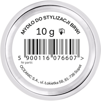 Mydło do stylizacji brwi, 10g, w okrągłym, srebrnym pojemniku z białą etykietą i kodem kreskowym, widok z góry.