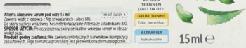 Tylna strona opakowania aloesowego serum pod oczy 15ml z opisem, certyfikatami i informacjami o recyklingu.