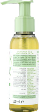 Tył Alterra Olejek oczyszczający z algą BIO, 100ml. Przezroczysta butelka z zieloną pompką, widoczna etykieta ze składem.