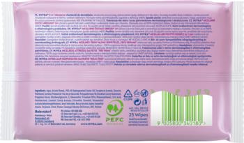 Tył różowego opakowania NIVEA micelarnych chusteczek (25 szt., włókna roślinne). Widoczny kod kreskowy i tekst.