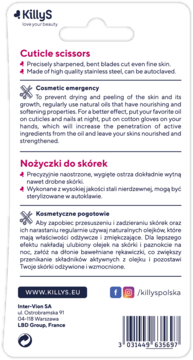 Tył czarnego opakowania nożyczek do skórek KillyS z białym tekstem, informacjami o produkcie i kodem.