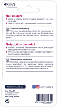 Tył czarnego opakowania nożyczek KillyS do paznokci, ze stali nierdzewnej, sterylizowalnych, z tekstem i kodem EAN.
