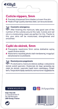 Tył opakowania KillyS cążek do skórek 5mm, białe z opisem cech (ostrze 5mm, stal nierdzewna) i danych firmy.