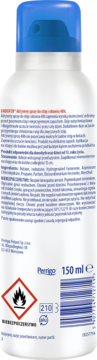 Tylna strona białego sprayu do stóp i obuwia 48h w aerozolu z niebieską nakrętką, widoczny opis i symbol.
